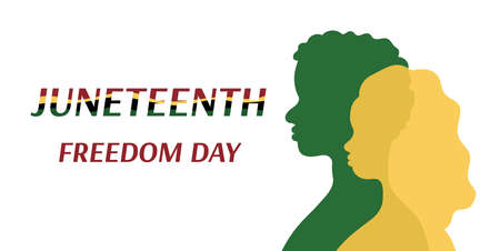 Juneteenth freedom day banner. Silhouettes of african american persons in profile. African man and woman. June 19 celebration. Vector poster illustration.のイラスト素材