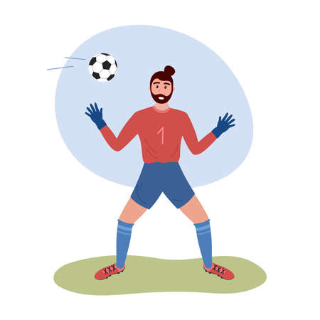 Football goalkeeper isolated. Soccer goalie player standing and catching ball. Flat vector illustration of focused professional man playing football.のイラスト素材