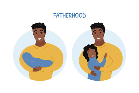 Fatherhood flat vector illustration. Dad holding newborn baby. African american man and child hugging. father and daughter together.のイラスト素材