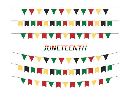 Juneteenth party flags isolated. Vector set of Freedom Day garlands and buntings in traditional african colors. Juneteenth triangular and rectangular flags collection.のイラスト素材