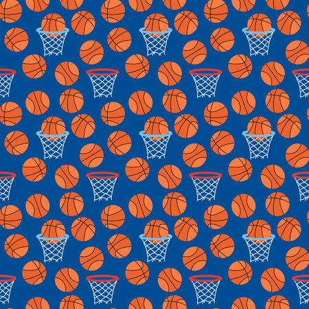 Basketball pattern. Seamless sports background with orange balls and basket hoops. Flat vector illustration.のイラスト素材