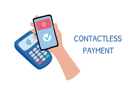 contactless payment. phone in hand. Purchase payment by NFC technology in smartphone and POS terminal. Near Field Communication. Cashless paying. Flat vector illustration.のイラスト素材