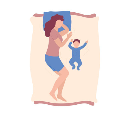mother and baby sleeping together. Co-sleep of mom and little child. Woman and newborn baby lying on bed. bedtime routine. Flat vector illustration.のイラスト素材