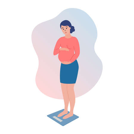 Pregnant on scales. Pregnancy weight gain. Woman standing on electronic scales. Expectant mother weighing. Flat vector illustration.のイラスト素材