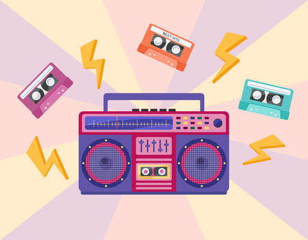 1990s music. Vibrant boombox and tapes isolated. Audio recorder retro device from 80s 90s. Flat vector illustration of colorful boombox and cassettes.のイラスト素材