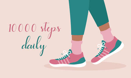 10000 steps daily activity. Healthy lifestyle rule. Walk every day. Person walking in sneakers for health. Flat vector illustration.のイラスト素材