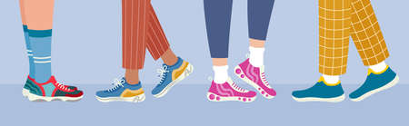 Sports footwear banner. Legs in sneakers side view. Healthy lifestyle concept. Women and men walking in sneakers. daily activities. Flat vector illustration.のイラスト素材