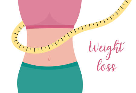 weight loss. Waist of woman and measuring tape. female slim body. Flat vector illustration. Figure of woman losing weight. healthy lifestyle.のイラスト素材