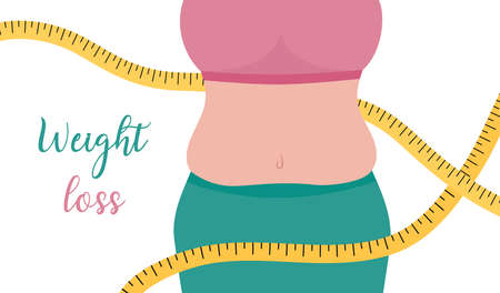 weight loss banner. figure of woman with excess weight. Waist and tape measure. female obese body. Flat vector illustration.のイラスト素材