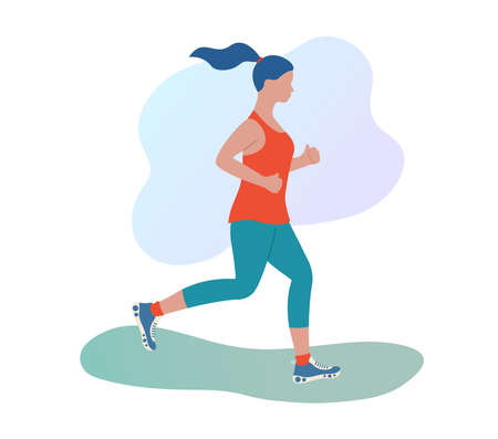 Jogging woman outdoors. girl running in sportswear. Morning jog in the park. Flat vector illustration. Healthy lifestyle and fitness concept.のイラスト素材