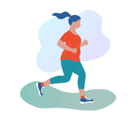 Jogging plump woman outdoors. weight loss concept. Fatty girl running in sportswear. Morning jog in the park. Flat vector illustration.のイラスト素材
