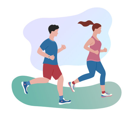 running couple. Man and woman jogging together outdoors. Healthy lifestyle and fitness concept. Morning jog in the park. Flat vector illustration.のイラスト素材