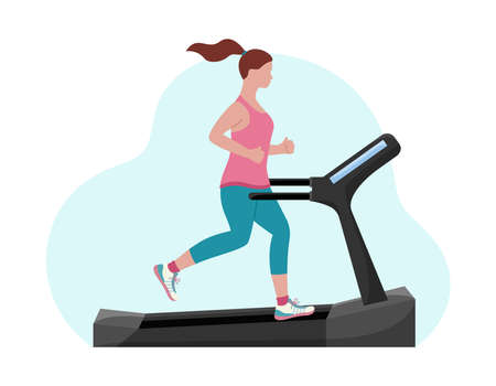Girl running on treadmill. Young woman jogging on fitness equipment. Endurance cardio run training. Flat vector illustration.のイラスト素材