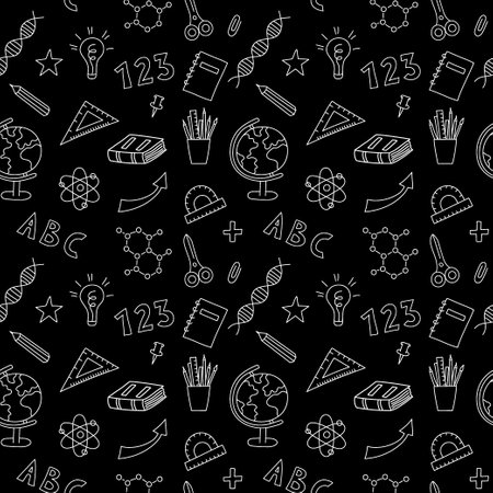 School doodle pattern black and white. hand drawn education elements. school seamless background. vector illustration.のイラスト素材