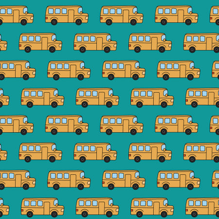 school buses pattern. Hand drawn doodle elements. School seamless green background with funny yellow bus. vector illustration.のイラスト素材