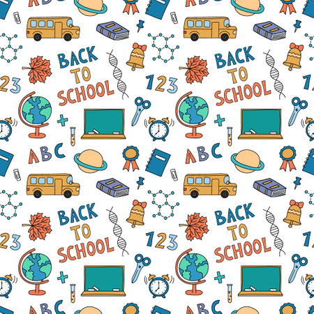 School outline pattern. Hand drawn doodle elements. School seamless background with lettering and education supplies, accessories. vector illustration.のイラスト素材