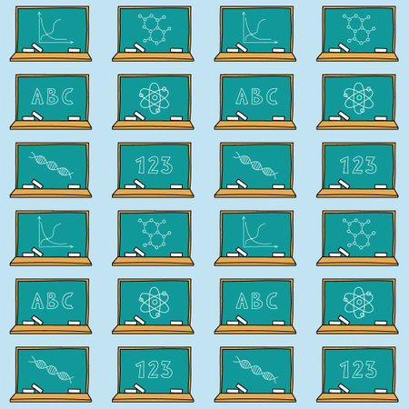 school doodle pattern. Hand drawn board with chalk and written symbols, letters and numbers. school seamless background. vector illustration.のイラスト素材