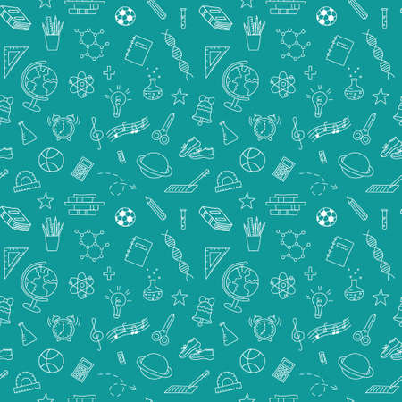 School outline pattern. Hand drawn doodle elements. School seamless green background as chalkboard. vector illustration.のイラスト素材