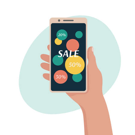 Online sale advertising in mobile phone. Smartphone in hand of person. Cellphone device screen with text Sale and percents. Online shopping concept. Flat vector illustration.のイラスト素材