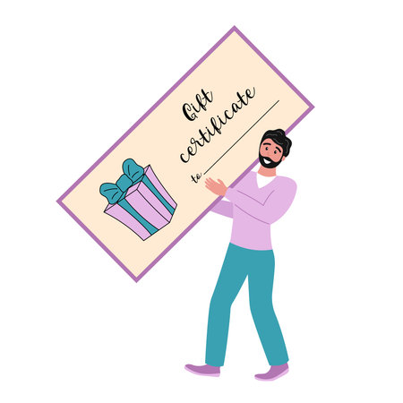 gift certificate. Man holding large gift voucher. Happy smiling male person carrying big coupon. Vector flat illustration. Cute cartoon style.のイラスト素材
