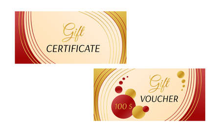 Gift voucher and certificate templates isolated. Vector graphic layouts with golden decor elements. Illustration of gift coupon.のイラスト素材