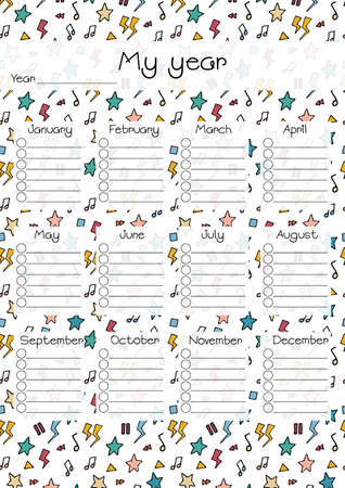 Year planner template isolated. Vector printable task organizer by months of year. Funny doodle design. Blank illustration of personal to do list.のイラスト素材