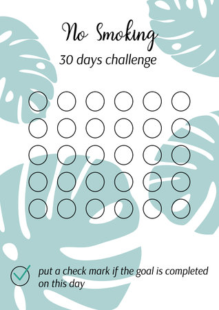 No smoking tracker. Personal 30 days challenge without cigarettes printable template. Healthy lifestyle habits tracker blank. Vector illustration of paper sheet for marking progress in month.のイラスト素材