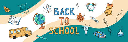 Back to school web banner. School doodle objects on abstract background. Vector hand drawn illustration of educational elements.のイラスト素材