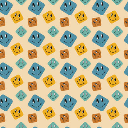 Groovy pattern. Seamless colorful retro background with smiles. Vector illustration. Repeat trendy vintage 70s patternのイラスト素材