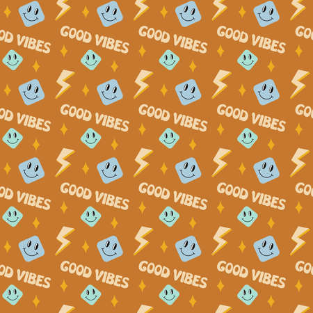 Groovy good vibe pattern. Seamless trendy retro 70s background with smiling faces and text. Vector colorful illustration. Repeat vintage groovy pattern.のイラスト素材