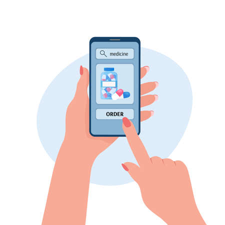 Online pharmacy ordering. Purchase of medicines in mobile application. Woman holding smartphone in hands and buying pills in internet website store. Flat vector illustrationのイラスト素材