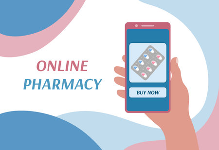 Online pharmacy banner design. Purchase of medicines in mobile phone application. Person holding smartphone and ordering pills in internet store. Medicines delivery service. Flat vector illustration.のイラスト素材
