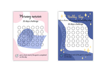 Morning exercises and Sleep habits tracker templates set. Personal 30 days challenge. Healthy lifestyle habit tracker blanks. Vector illustration of paper worksheet for marking success in monthのイラスト素材