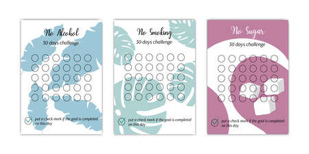 Healthy lifestyle habits tracker templates set. No alcohol, smoking and sugar personal 30 days challenge. Vector illustration of paper worksheet for marking success in monthのイラスト素材