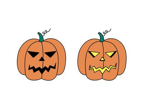 Halloween pumpkin lantern doodles set. Carved jack-o-lantern glowing and unlit. Halloween symbol isolated. Colored hand drawn vector illustration.のイラスト素材