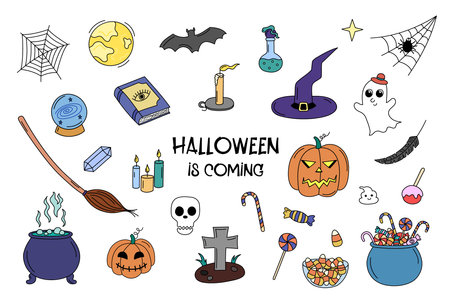 Halloween doodle elements vector set. Hand drawn colorful scary objects isolated. Halloween scribble outline pumkin lantern, witch cauldron, holiday sweets, grave, moon. Collection of illustrations.のイラスト素材