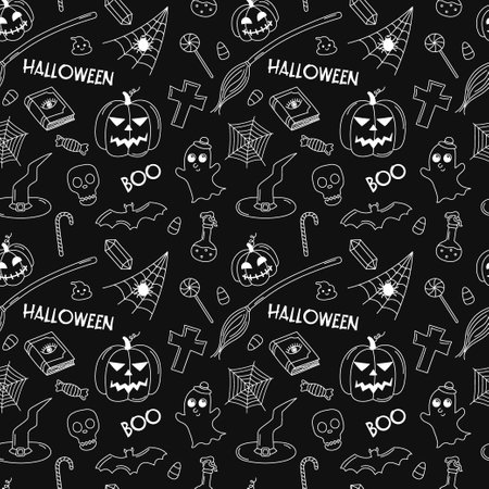 Halloween doodle pattern. Vector black and white scribble repeat illustration. Halloween seamless dark background with autumn holiday symbols jack lanterns, ghost, witch attributes. hand drawn elementのイラスト素材