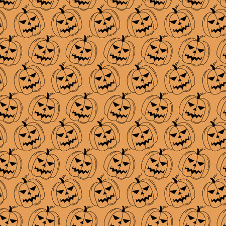 Halloween doodle pattern. Black pumpkin lanterns on orange background. vector seamless illustration. Halloween holiday sketch symbols jack lanterns. hand drawn elements.のイラスト素材