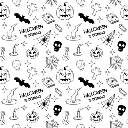 Halloween doodle pattern. Black and white seamless background with Halloween spooky symbols jack o lanterns, web, skull, grave. Vector illustration with text and hand drawn outline elements.のイラスト素材