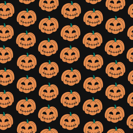 Halloween pattern. Pumpkin lanterns. Vector doodle illustration. Halloween seamless black background with autumn holiday symbols jack-o-lanterns. Colorful hand drawn elements.のイラスト素材