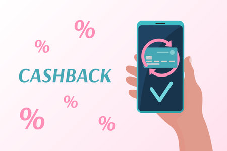 cashback banner. Smartphone in hand of man. Plastic bank card and arrows on mobile phone display. Money from payment return to card. Cash back receiving concept. Flat vector illustration.のイラスト素材