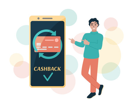 Cashback symbol in mobile phone. Man standing and pointing at big smartphone screen with text and bank card, arrows. Cash back receiving concept. Flat vector illustration.のイラスト素材