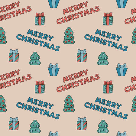 Merry Christmas groovy pattern. Retro seamless Christmas background in 60s 70s style. Doodle cartoon holiday elements trees and gifts. Vintage 1960s vector illustration.のイラスト素材
