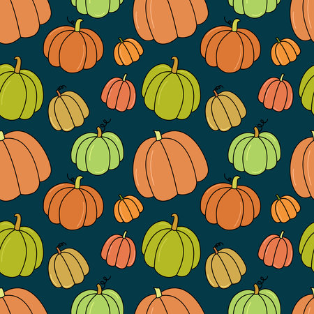 Pumpkins pattern. Vector autumn harvest background. Seamless illustration with colorful pumpkin vegetables in doodle style. Hand drawn outline Thanksgiving symbolsのイラスト素材