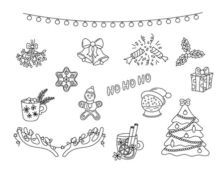 Christmas doodles vector set. Hand drawn black holiday elements isolated on white background. Scribble outline objects Christmas tree, garland, mistletoe, holly, gingerbreads. Illustrationのイラスト素材