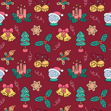 christmas pattern. Vector colorful doodle seamless background with outline hand drawn Christmas holiday elements. Xmas design objects. Repeat illustration with holly, bells, tree.のイラスト素材