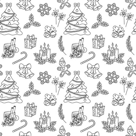 Christmas doodle pattern. Vector seamless black and white background with outline hand drawn Christmas holiday elements. Xmas design objects. Doodle repeat illustration.のイラスト素材