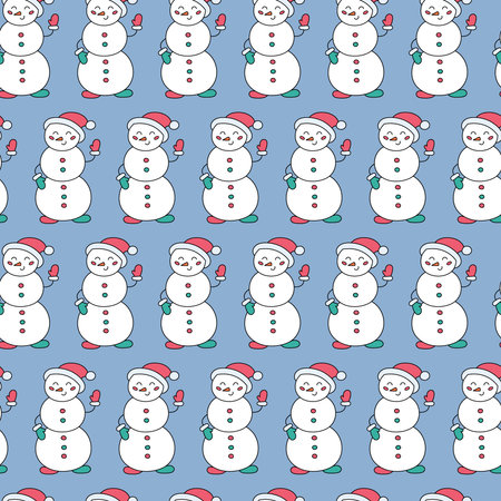 Snowmen seamless background. Cute winter doodle pattern. Vector outline hand drawn funny snowman in Christmas cap. Doodle repeat colorful illustration.のイラスト素材