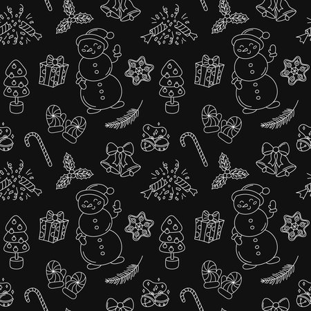 Christmas doodle pattern black and white. Vector seamless background with outline hand drawn Christmas holiday elements. Xmas design objects. Doodle repeat illustration.のイラスト素材
