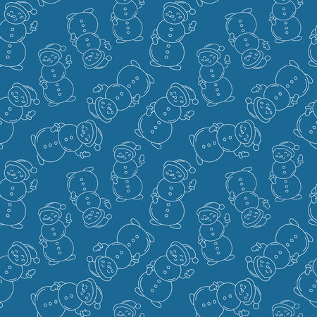 Snowman cute simple pattern. Vector doodles seamless background with outline hand drawn snowmen in Santa cap. Xmas print design. Doodle repeat illustration.のイラスト素材